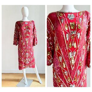 Vintage Red Silk Beaded Embroidered Long Sleeve Sheath Dress S/M